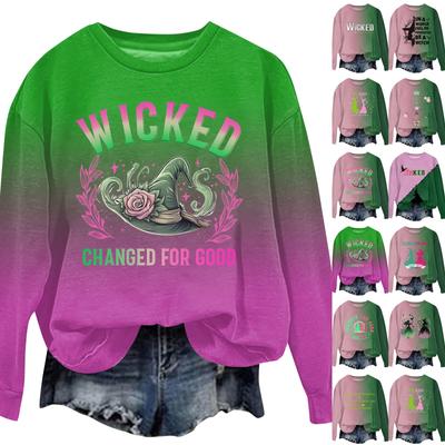 Women's Fashion Casual Round Neck Loose Long Sleeve Witch Print Pullover Sweatshirt