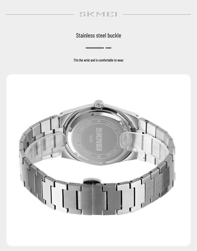 Skmei Men's Business Casual Quartz Watch, Stainless Steel, Double Calendar, Thin Design