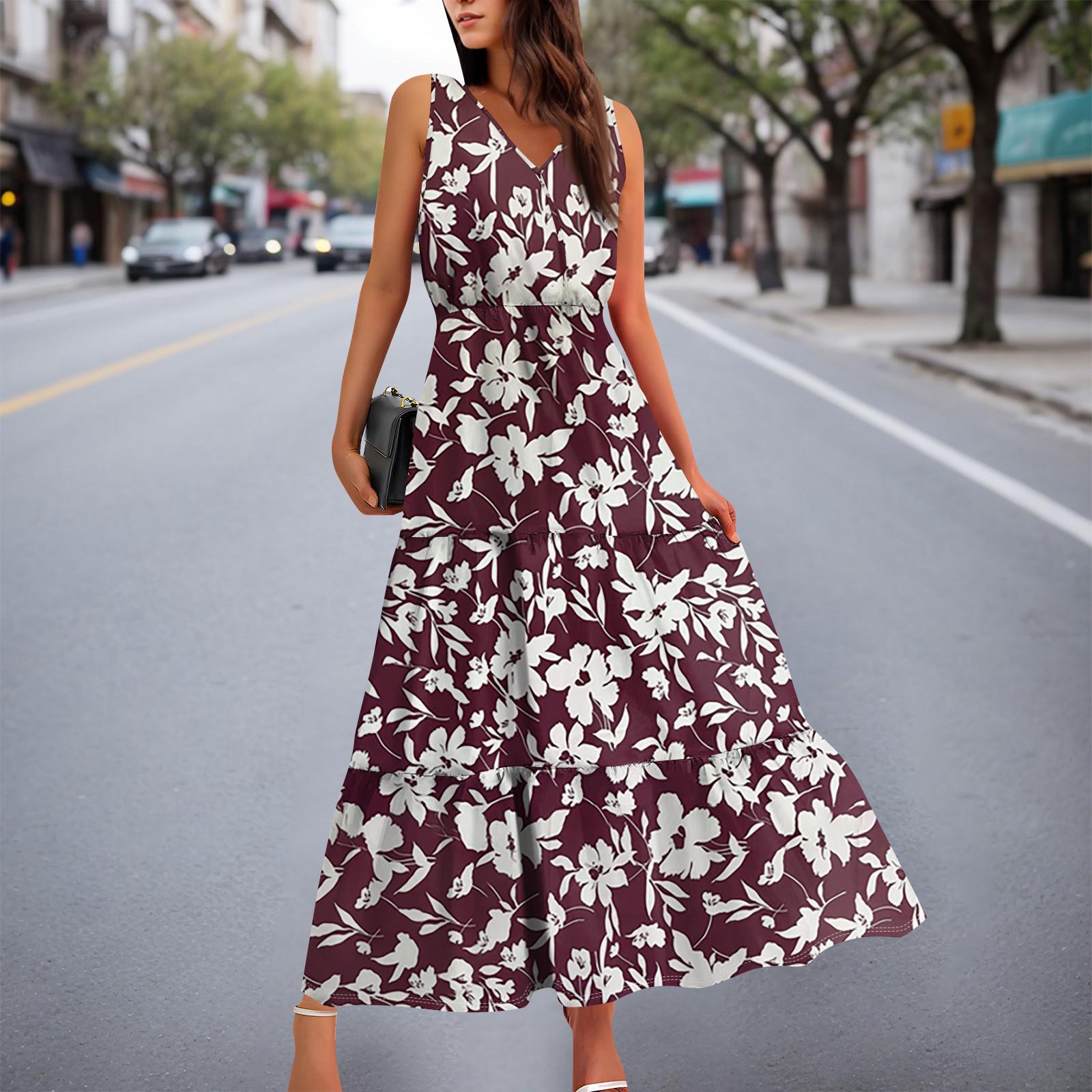 

Женские струящиеся платья Женские летние платья Повседневные длинные платья без рукавов Милые длинные платья с цветочным принтом XXL красный