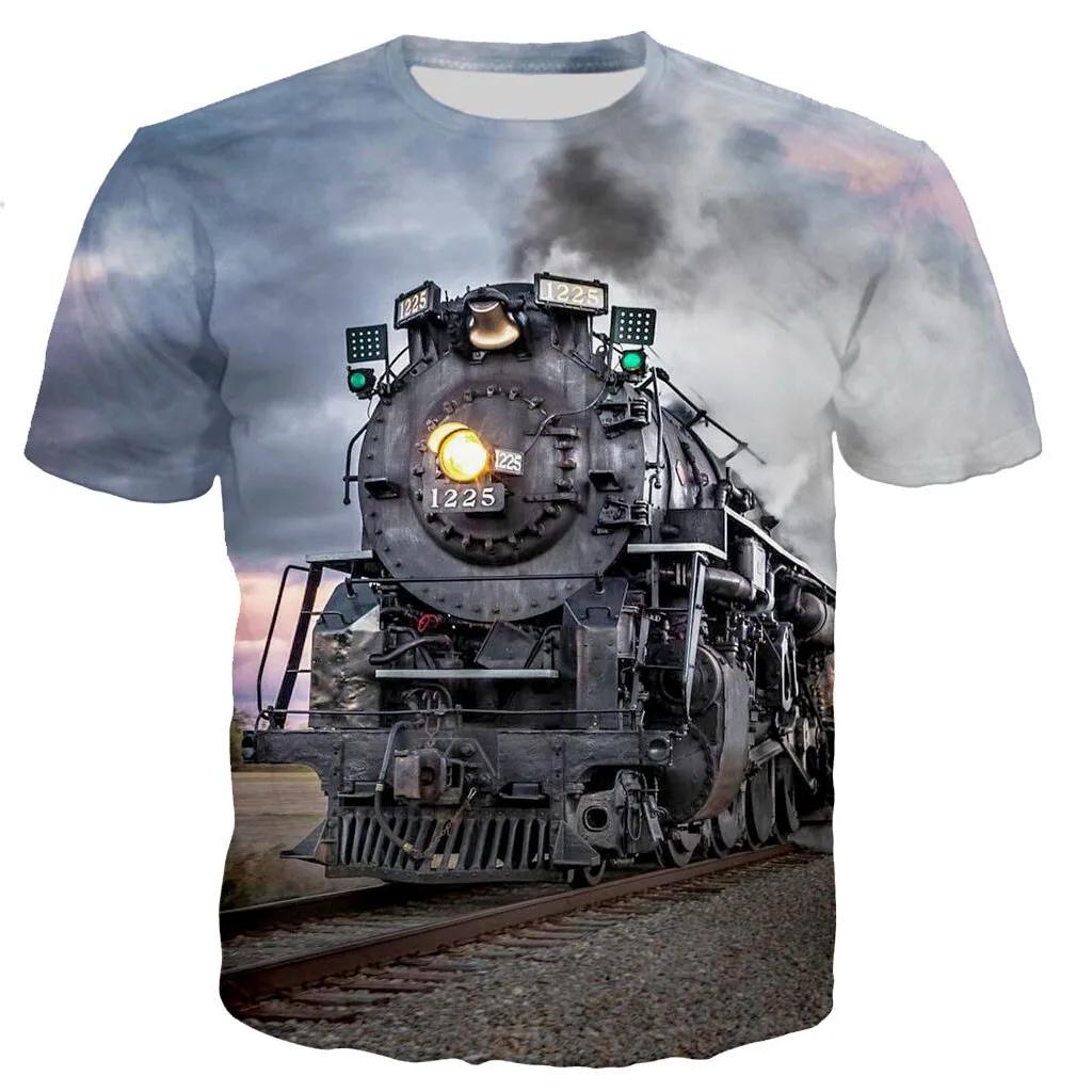 Fashion Trends Summer New Retro Train Engine Pattern Printed Men's T-shirt Street Fashion Cool Round Neck Plus Size Top
