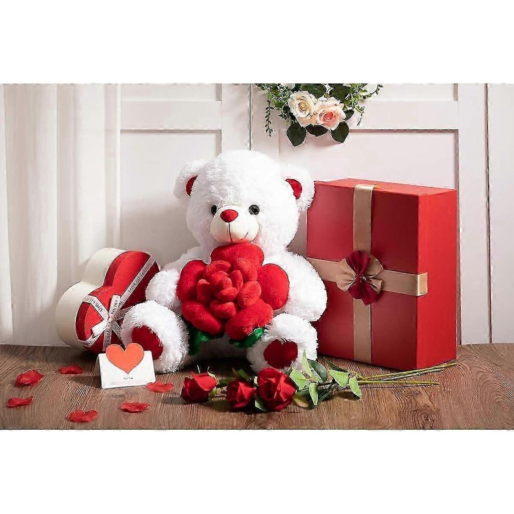 Teddybär Kuscheltiere Plüschbär mit Rose Hält Rose Weiches Plüschtier Valentinstag, 16 Zoll, Weiß