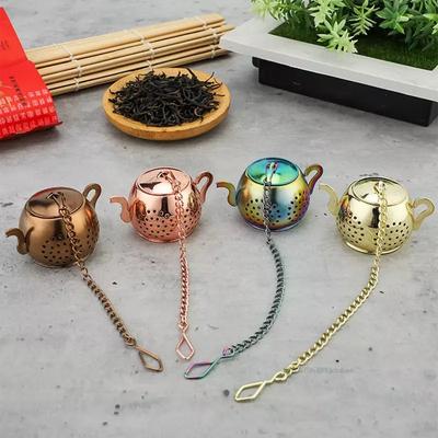 Colador de té de metal con forma de tetera, infusor de té suelto de acero inoxidable, colador de hojas, bandeja de goteo con cadena, filtro de especias a base de hierbas