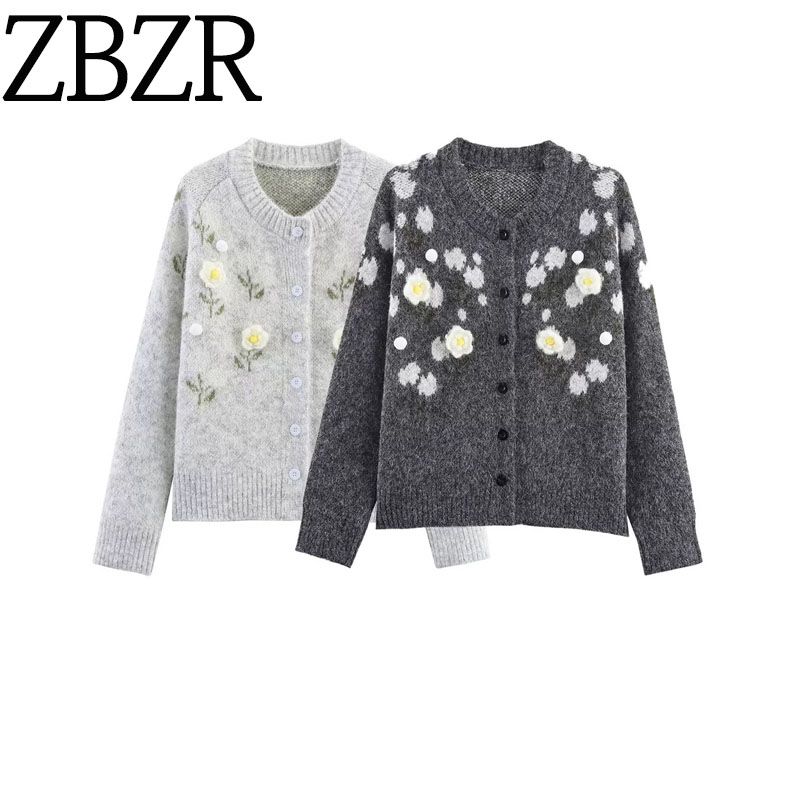 Zbzr Autumn New Women Clothes Western Style Fashion Temperament Simple and Versatile Three-Dimensional Flowers Knit Cardigan Top