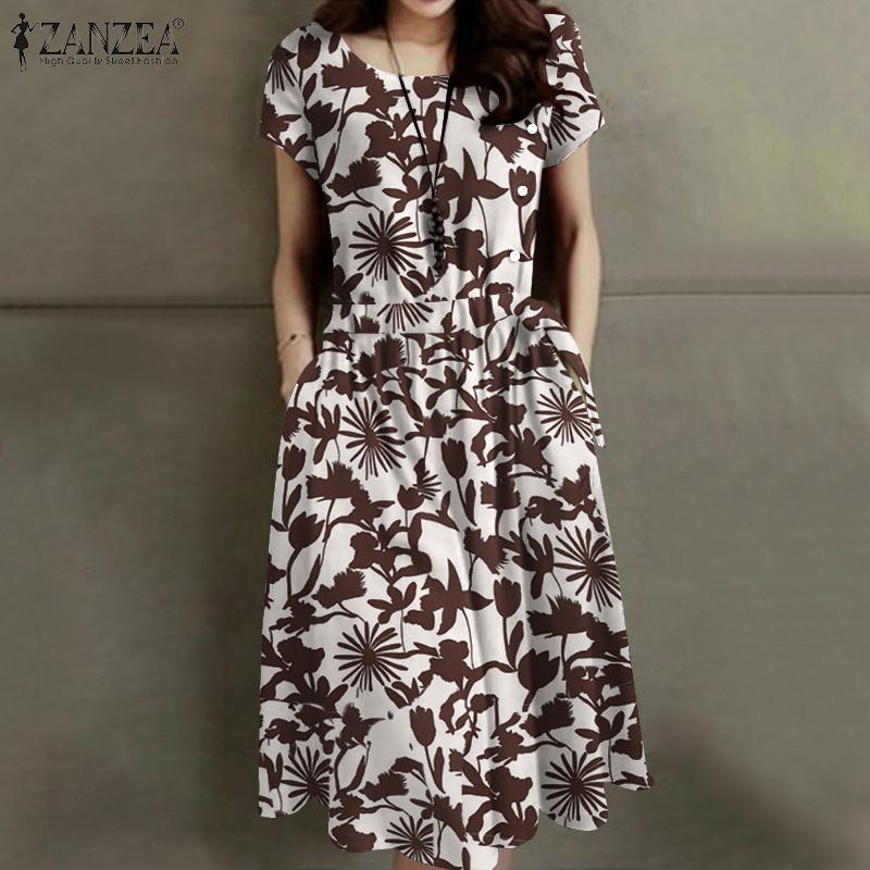 

ZANZEA Женское повседневное летнее платье с короткими рукавами и круглым вырезом с принтом