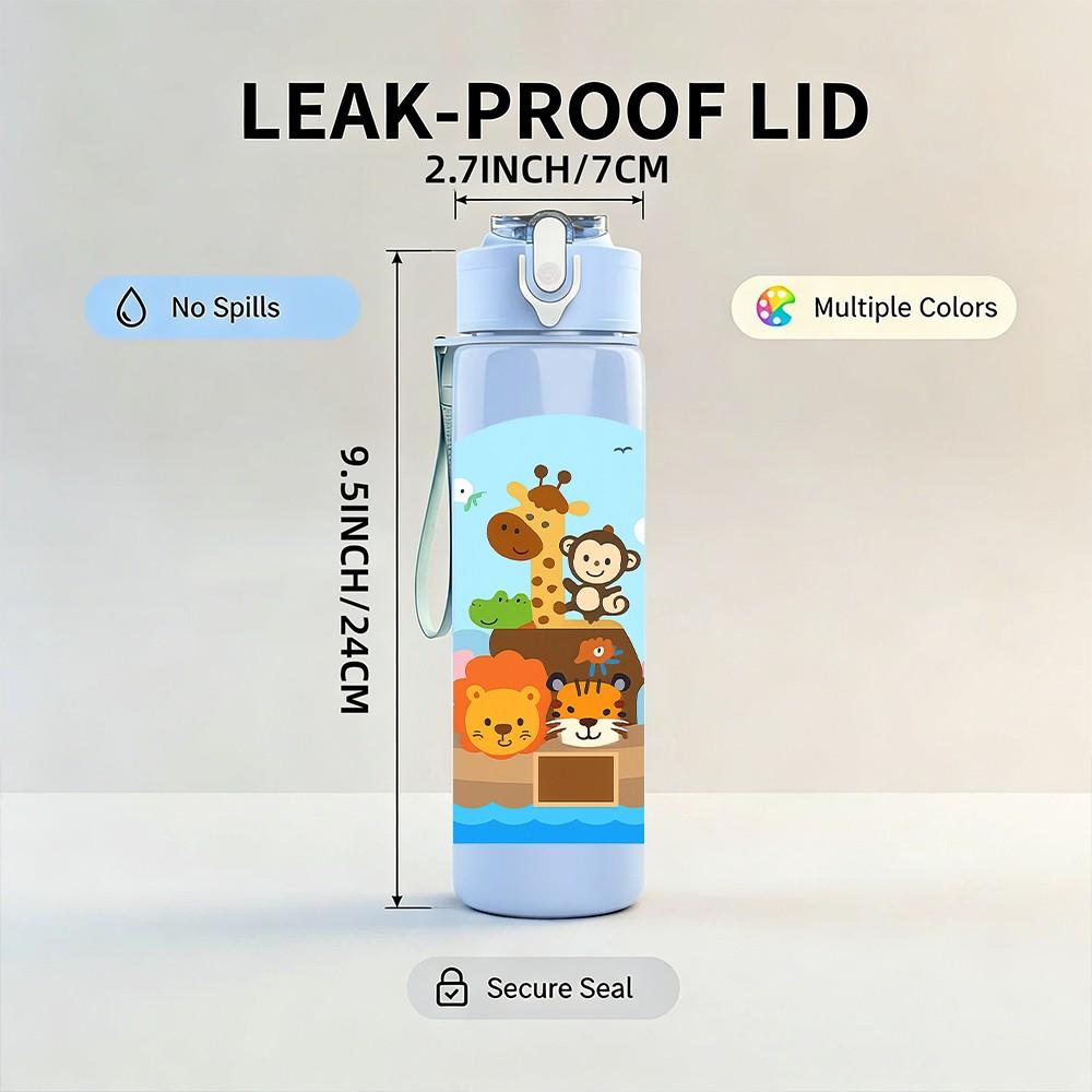 1PC Noah Ark Animal Cartoon Print 750ml Color Plastic Sports Water Bottle Leakproof Flip Straw Lid Suitable for Sports Office Home Use
