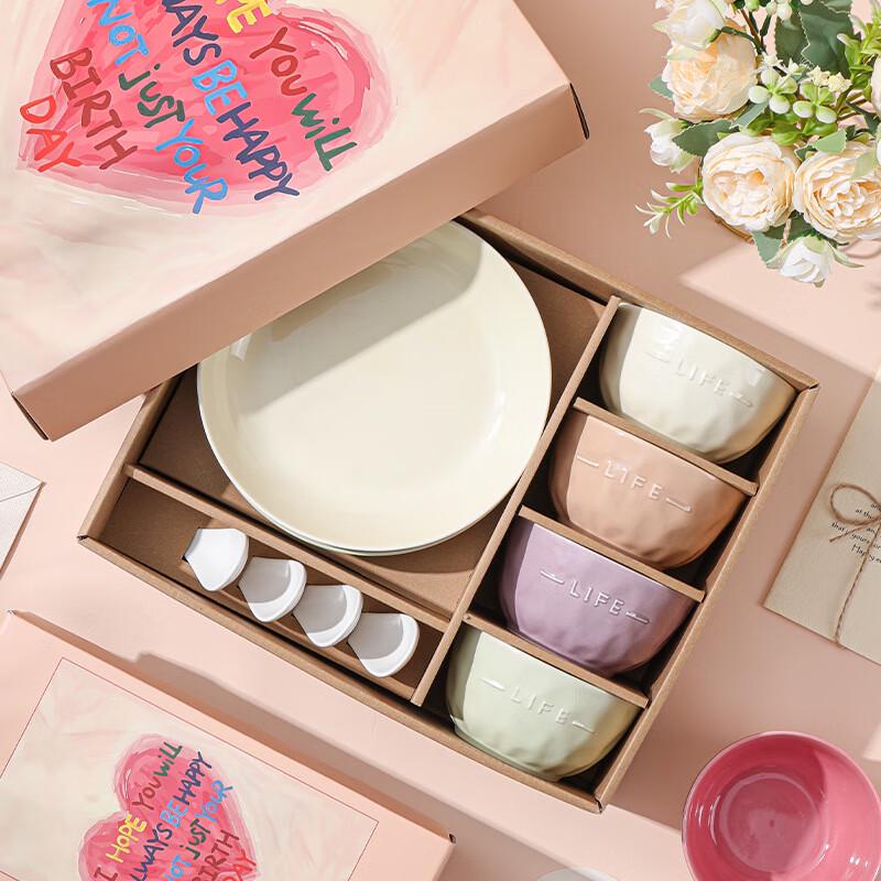 Junshenty Cream Style Underglaze Ceramic Dinnerware Gift Set 4 Bowls, 4 Spoons, 2 Plates