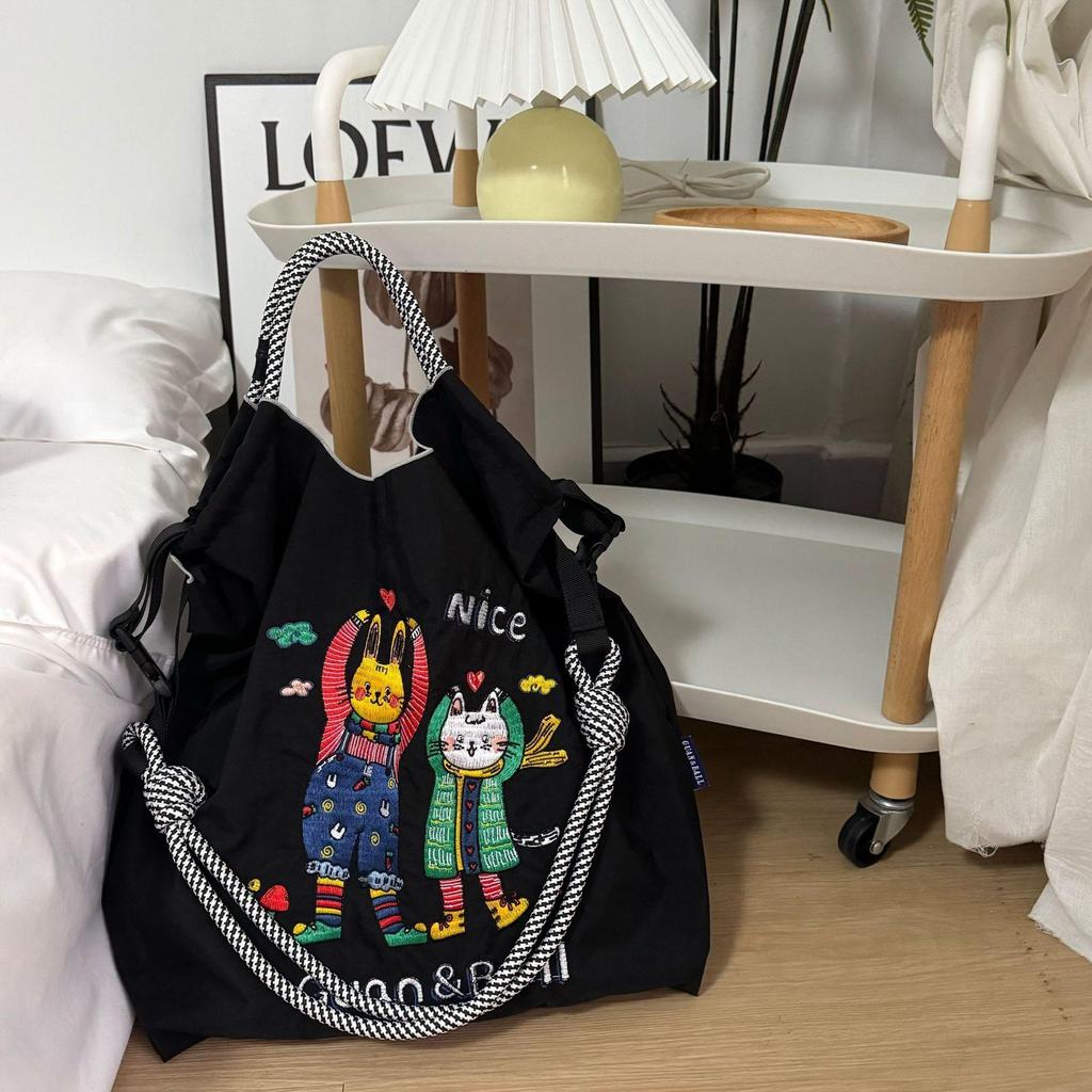 Trendy Large-Capacity Japanese-Style Nylon Embroidery Shoulder Bag for Women