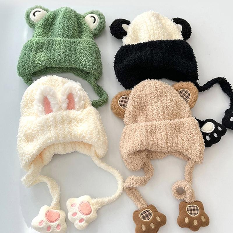 Autumn Winter Warm Hat with Earflap and Chin Strap Ties Cute Cartoon Beanie Cap Soft Bonnet Warm Headwear for Kids