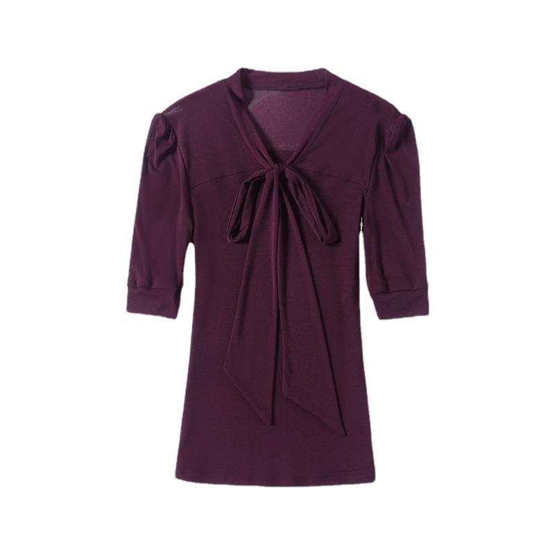 V-neck Temperament Versatile Solid Color Mesh Lace-up Bow Short-sleeved Top Summer Sweet Base Shirt for Women