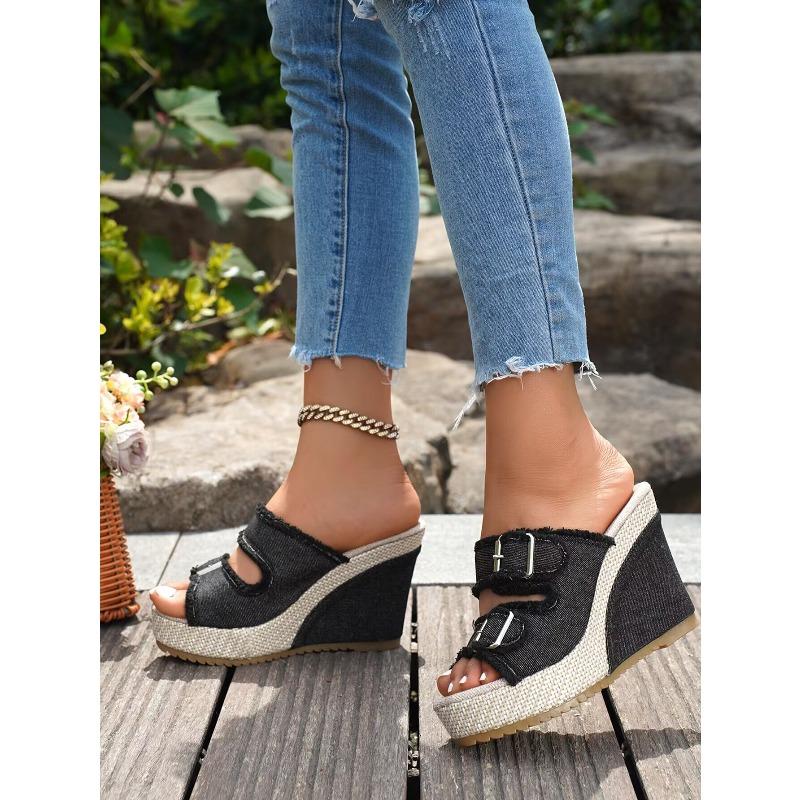Sandali da Donna con Zeppa Piattaforma Estate Intreccio di Paglia Suola Spessa Ciabatte in Denim Sandalo alla Moda Casual con Cinturino a Doppia Fibbia