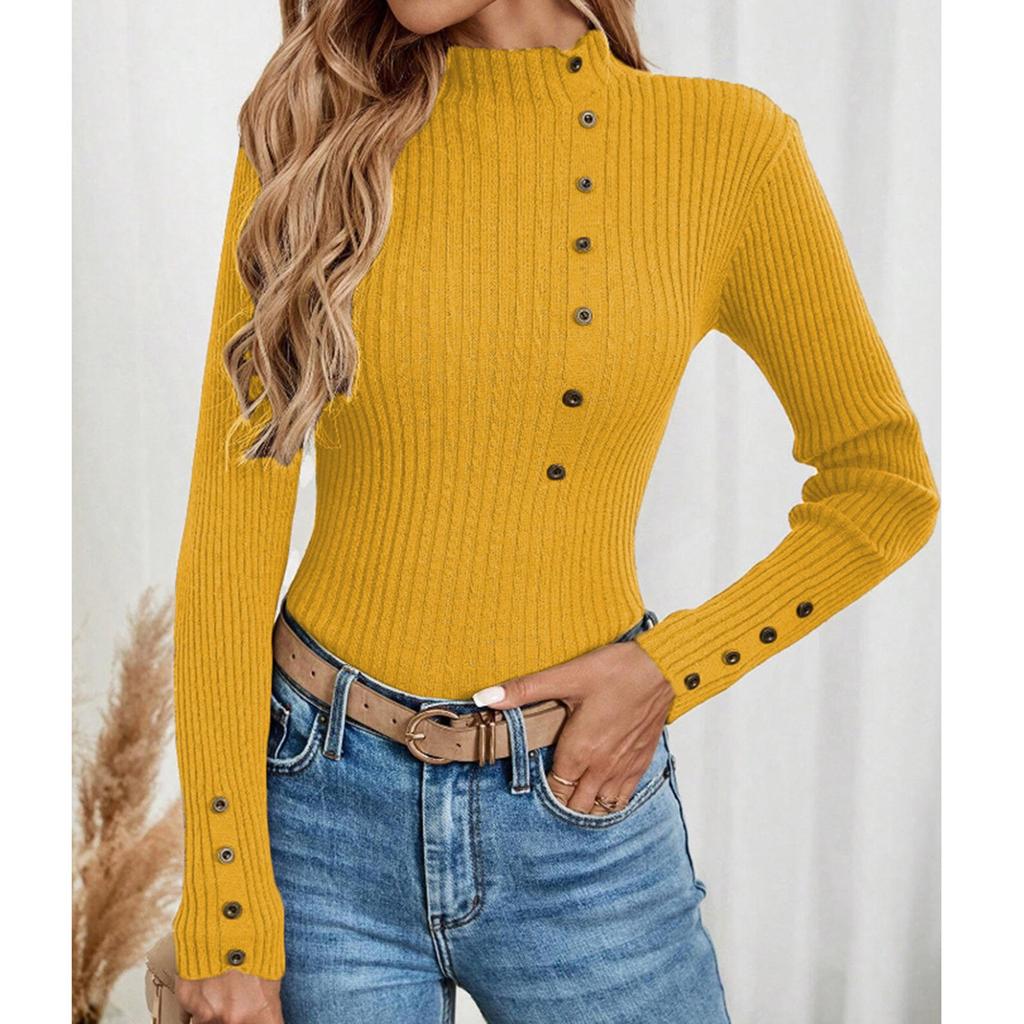 Women's Casual Solid Color Slim Button Knit Sweater Long Sleeved Base Sweater Sweater
