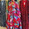 2025 Cross-Border Spring New European and American Women's Fashion Retro Print Deep V-Neck Slit Slim Long Dress Gown for Women