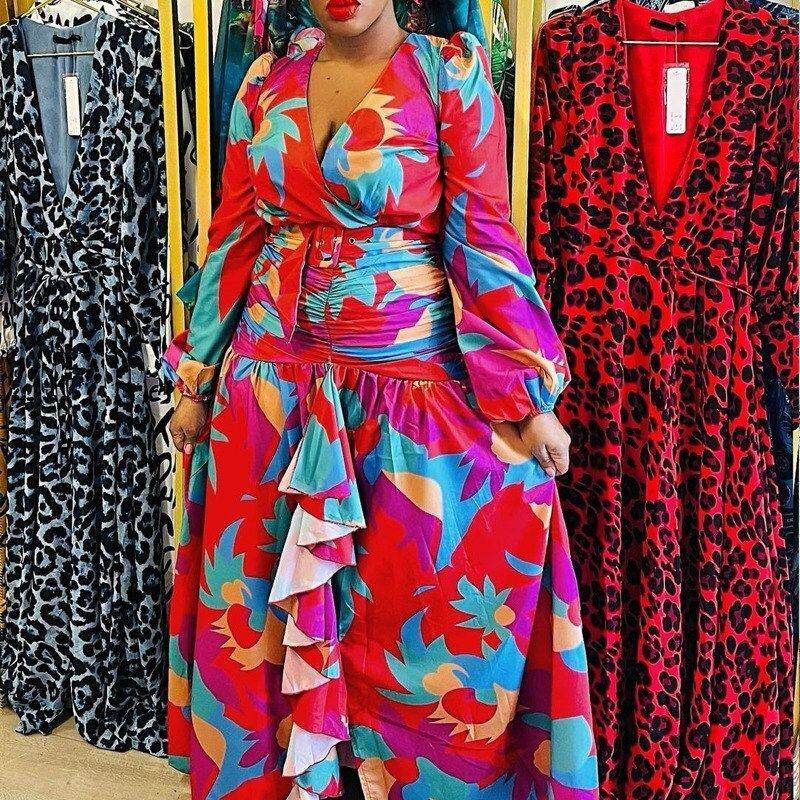 2025 Cross-Border Spring New European and American Women's Fashion Retro Print Deep V-Neck Slit Slim Long Dress Gown for Women