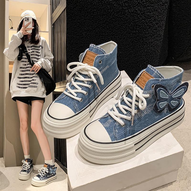 High Top Canvas Shoes Women Thick Bottom Denim Blue Butterfly Students Casual Board Shoes Women Flat Shoes Anti-slip Sneakers