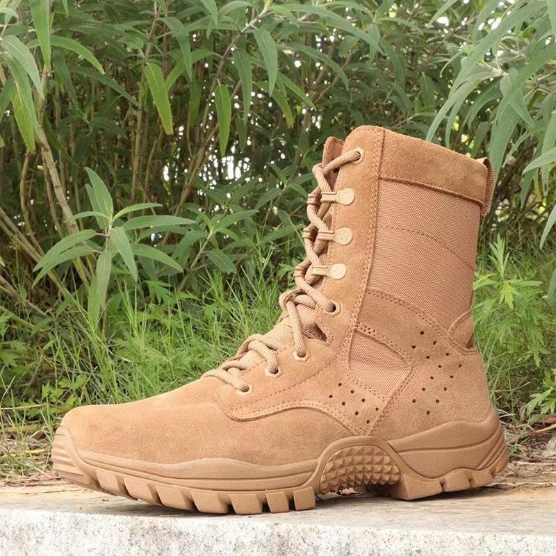 Men's Genuine Brown Leather Waterproof Combat Training Boots with Side Zipper - Sand Color for Outdoor, Mountaineering, and Desert Use.