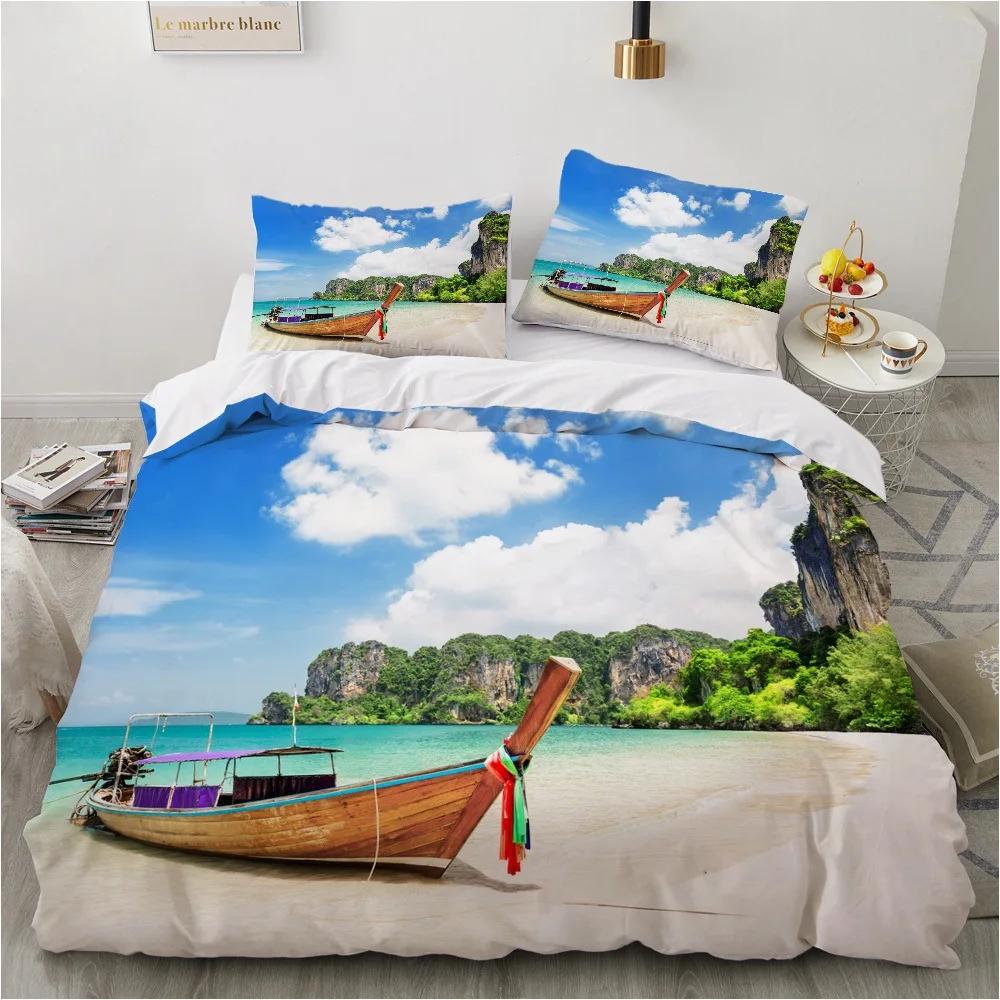 Natural Landscape King Queen Duvet Cover Comic Ink Painting Style Bedding Set Adults Tree Mountain River Polyester Quilt Cover