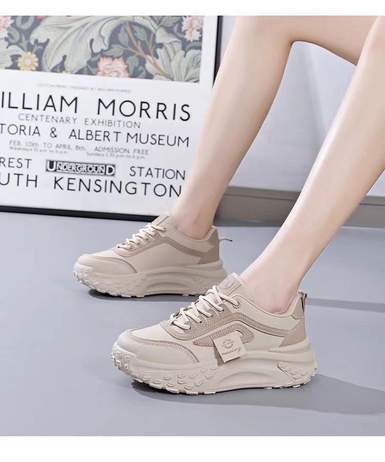 Жіночі кросівки в корейському стилі на осінь 2023: Шкіра, Товста підошва, Збільшення зросту, Повсякденні кросівки для бігу