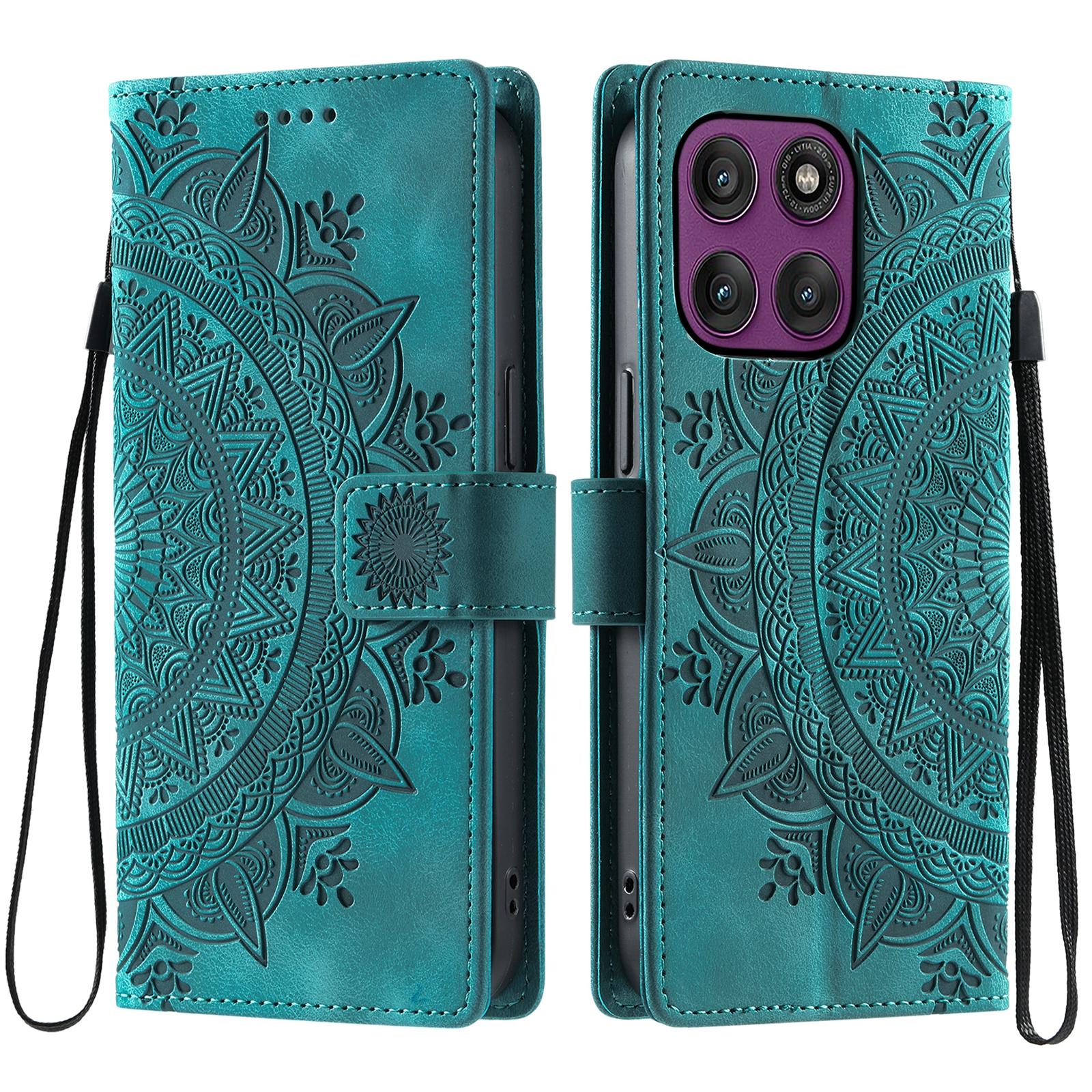 

For Motorola Edge 60 Pro 5G Case Imprinted Totem Skin Feel Wallet Leather Phone Cover with Hand Strap Mint Green