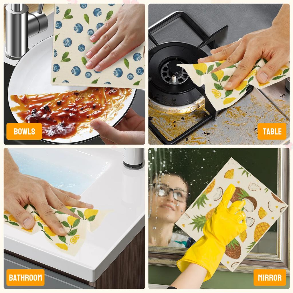6/8Pcs Swedish Dishcloths Cellulose Cotton Fruit Style Kitchen Dish Towels Non Scratch Absorbent Cleaning Cloth for Dish Bowl
