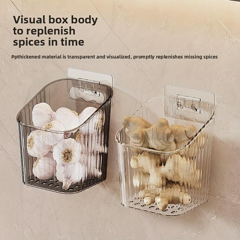 3pcs wall-mounted ginger & garlic storage boxes, no-drill, visible plastic baskets, for kitchen & bathroom, home & commercial use