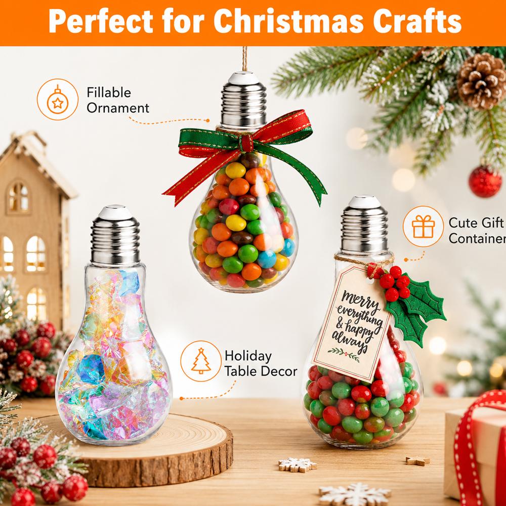 Plastic Light Bulbs, 100ml Clear Fillable Ornaments, Plastic Light Bulbs Candy Jars for Crafts, Decorative Centerpieces, Party