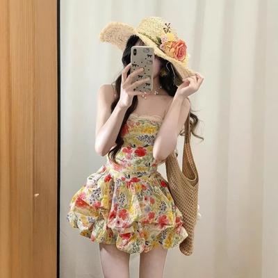 French Beautiful Floral Suspender Dress Women's Clothing Summer Seaside Vacation Pure Desire Temperament Waist Fluffy Short Skirt