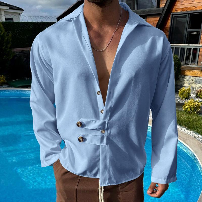 Mens Solid Color Casual Lapel Long Sleeve Shirt