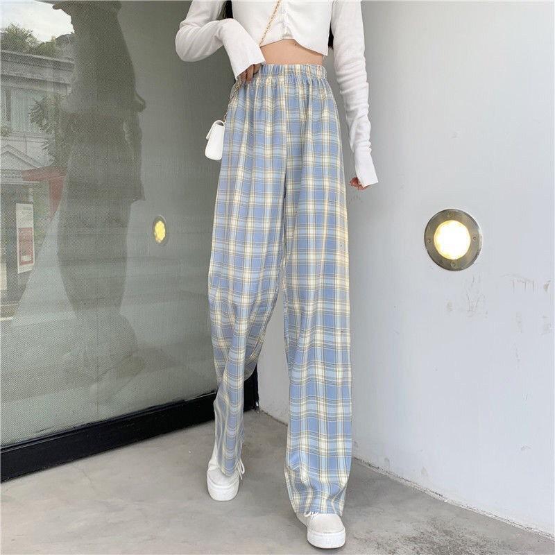 Plaid pants women's summer thin high waist drape loose narrow straight pants thin wide leg pants small casual pants