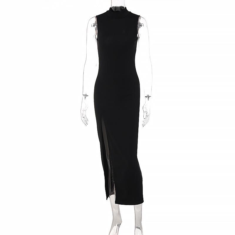 

2025 Women s Fashion Round Neck Sleeveless Slim Fit Slit Midi Dress Large чёрный