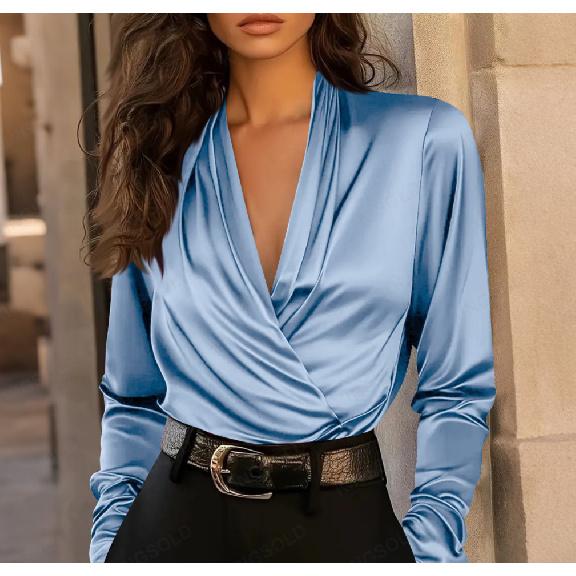 Elegant Satin V-Neck Blouse - Professional Long-Sleeve Versatile Top for Office & Daily Wear (Multiple Colors)