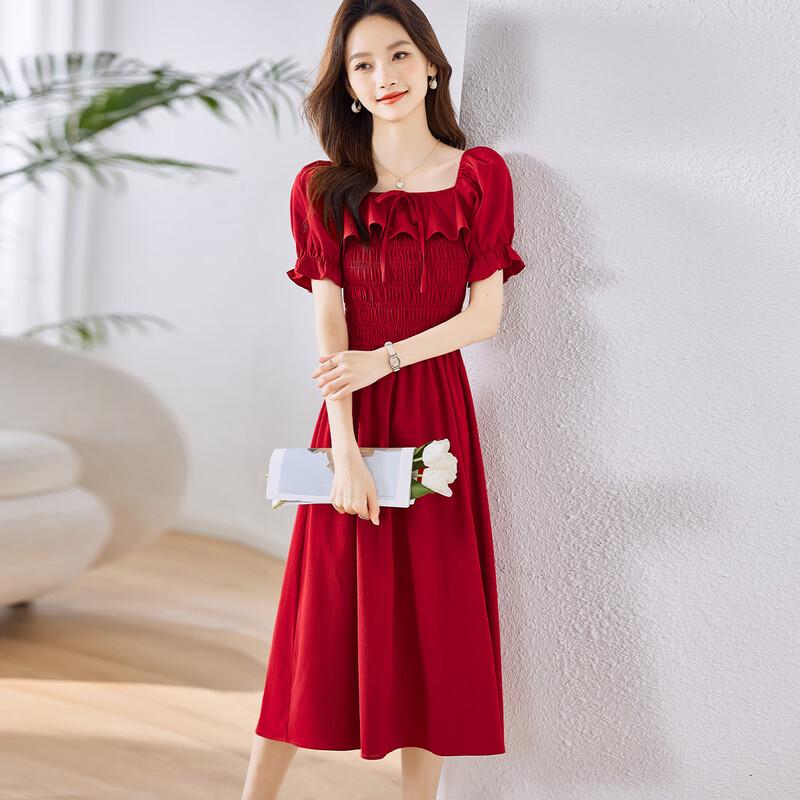 Women s Red Square Neck Bubble Sleeve A-Line Dress L