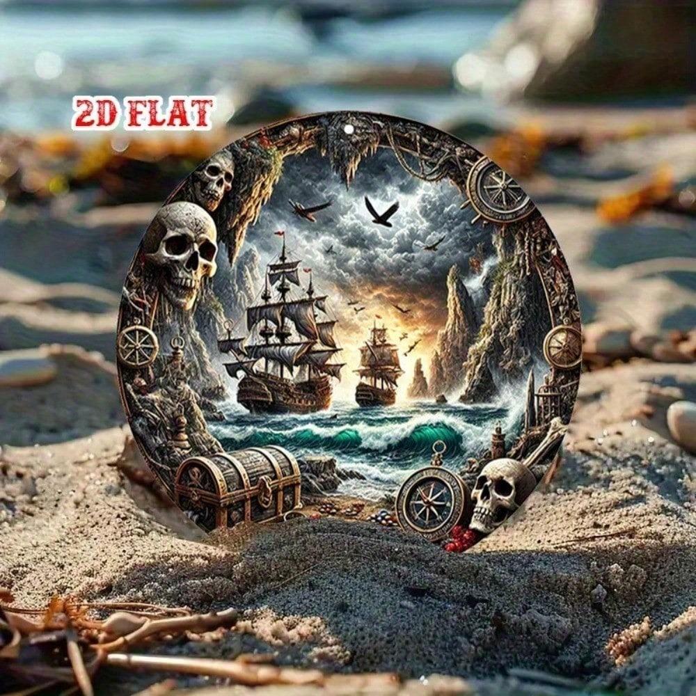 Vintage Rustic Aluminum Pirate Ship Wall Art Home Bar Garage Skull Treasure Map Metal Sign