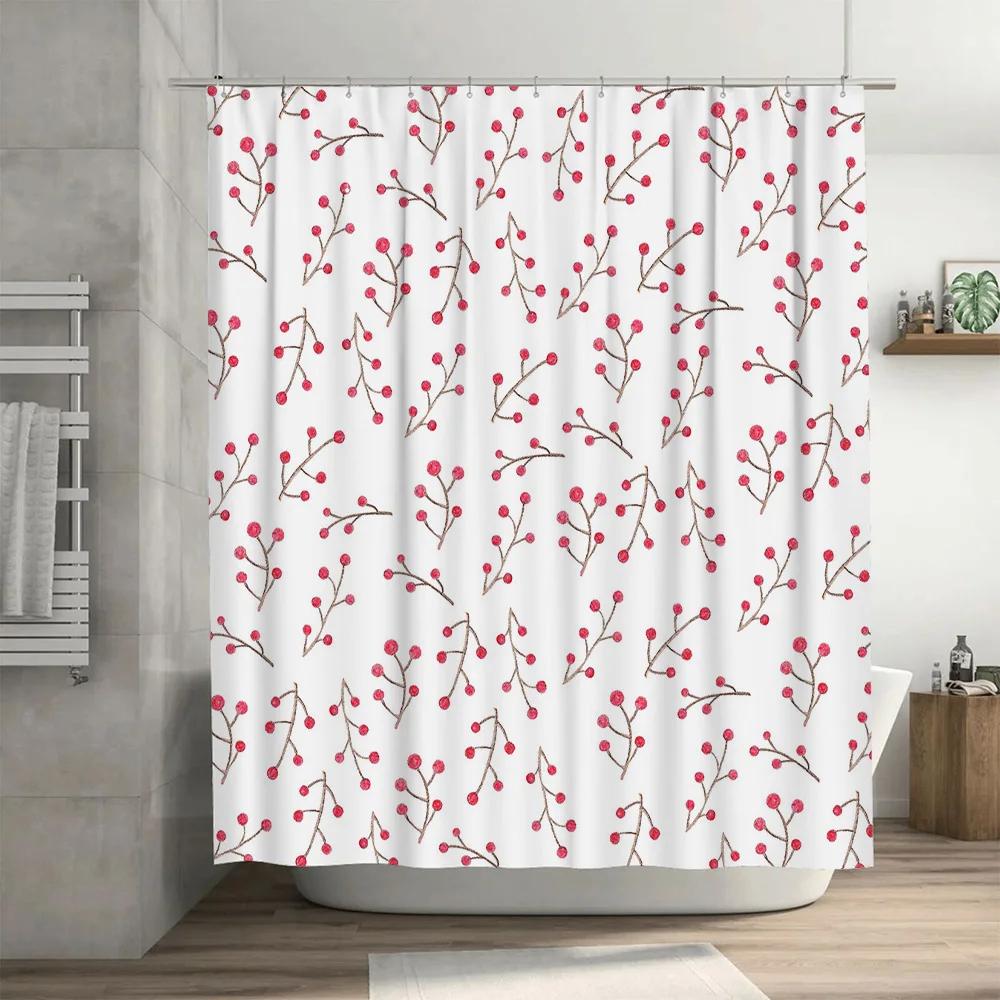 Modern Floral Print Waterproof Bath Curtains for Bathroom Decor Pink Berries Design Shower Curtain White Polyester Fabric Room D