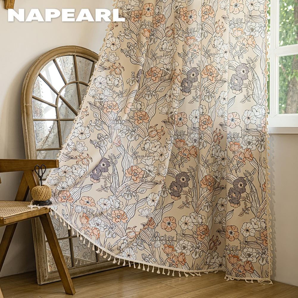 1PC NAPEARL French Retro Floral Printed Curtains Pastoral Style Tassel Edge Semi Blackout Curtains for Bedroom Living Room Window Home Decor