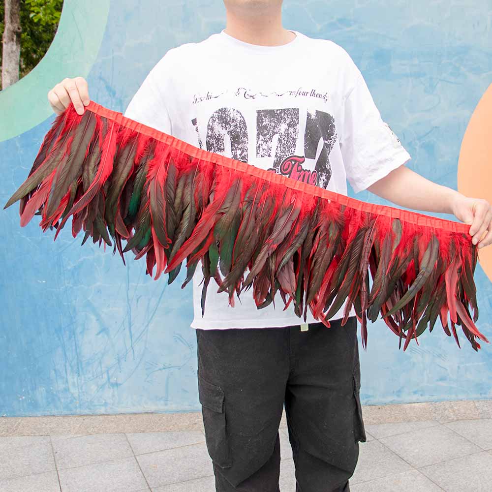 1 Meter Natürliches Rotes Hahnenhechel Federbesatz Fransen 10-12 Zoll Hochzeit Karneval Party Dekoration DIY Kleidung Nähen Handwerk