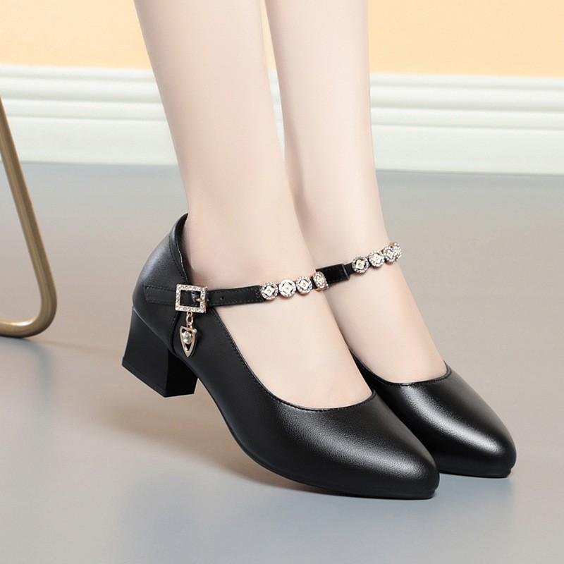 

All cowhide leather single shoes women s middle heel new British style soft sole small leather shoes mother leather shoes work shoes dancing shoes 34 чёрный
