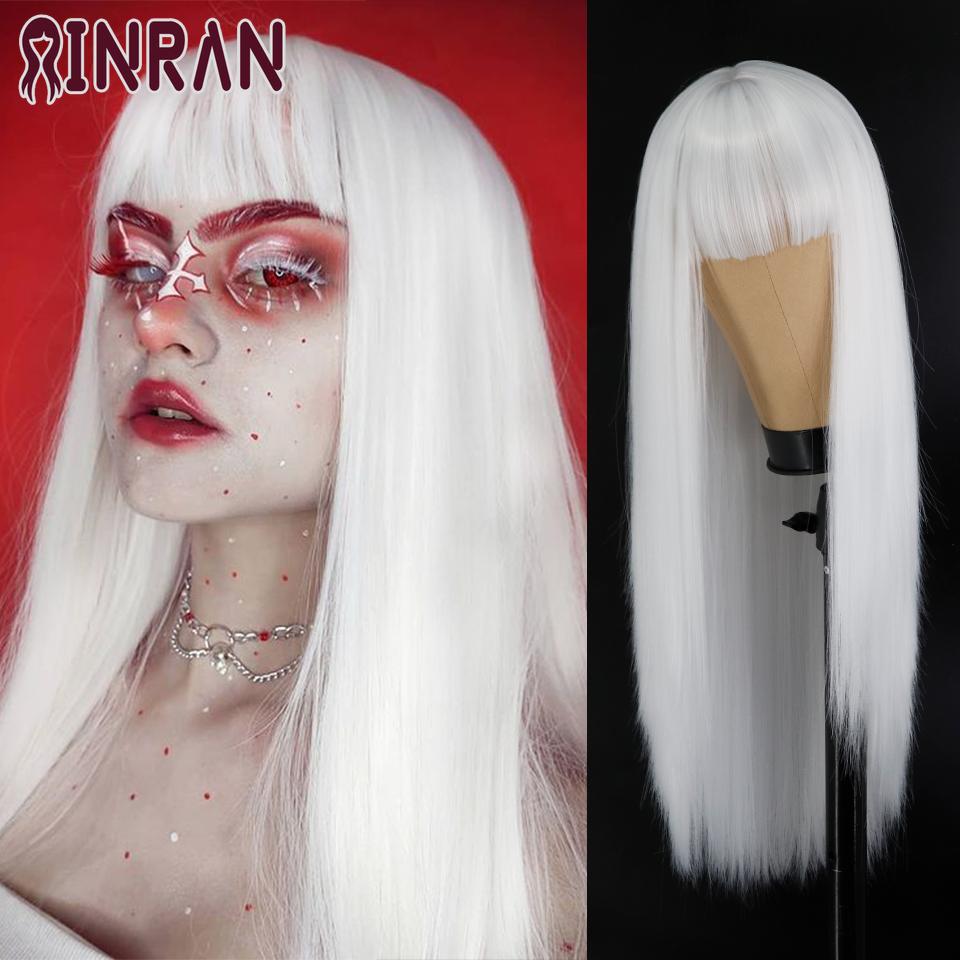 XINRAN Lange gerade weinrote Perücke mit Pony, synthetische Perücken für Frauen, hitzebeständiges Naturhaar für die tägliche Halloween-Cosplay-Party