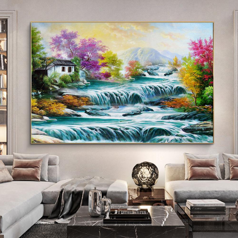 Abstract Landscape WaterFall Canvas Painting Modern Wall Art Print Decorative Picture Modern Living Room Decor