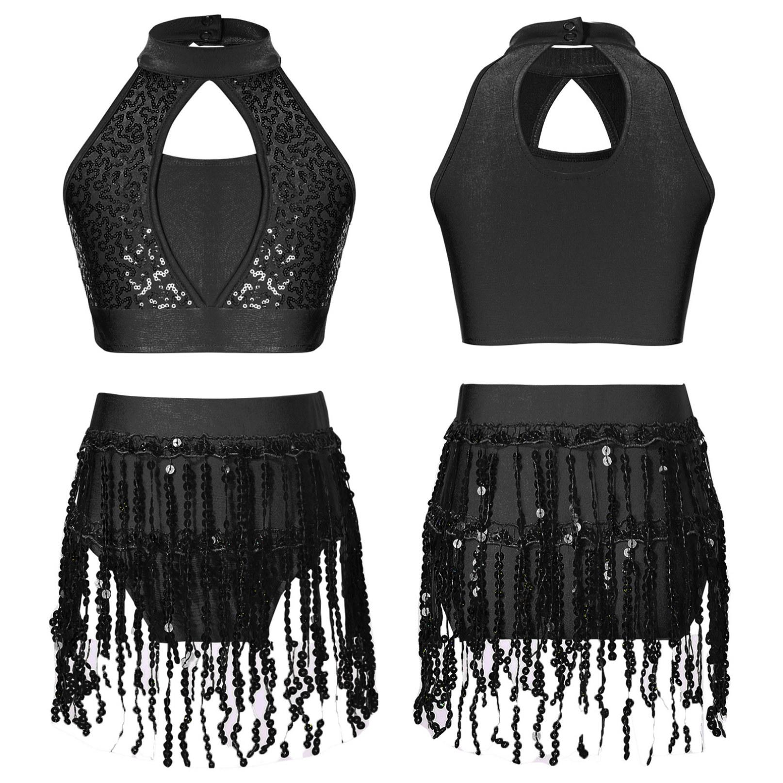 

Танцювальне вбрання для дівчат, укорочений топ із блискітками з 2 предметів, набір шортів з бахромою, сучасний джазовий костюм для латинської сальси, танцювальний одяг 5-6 Years чорний