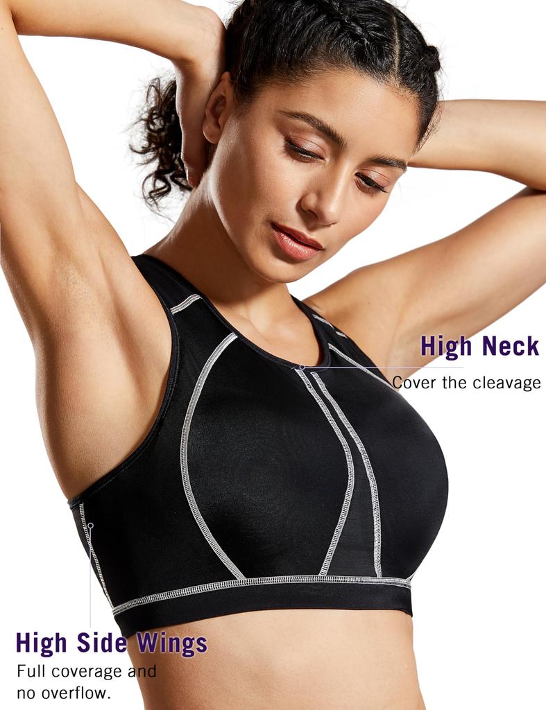 SYROKAN Plus Size Wireless Full Cup Running Sports H75 Women's Non-Slip Bra, Racerback, Black,