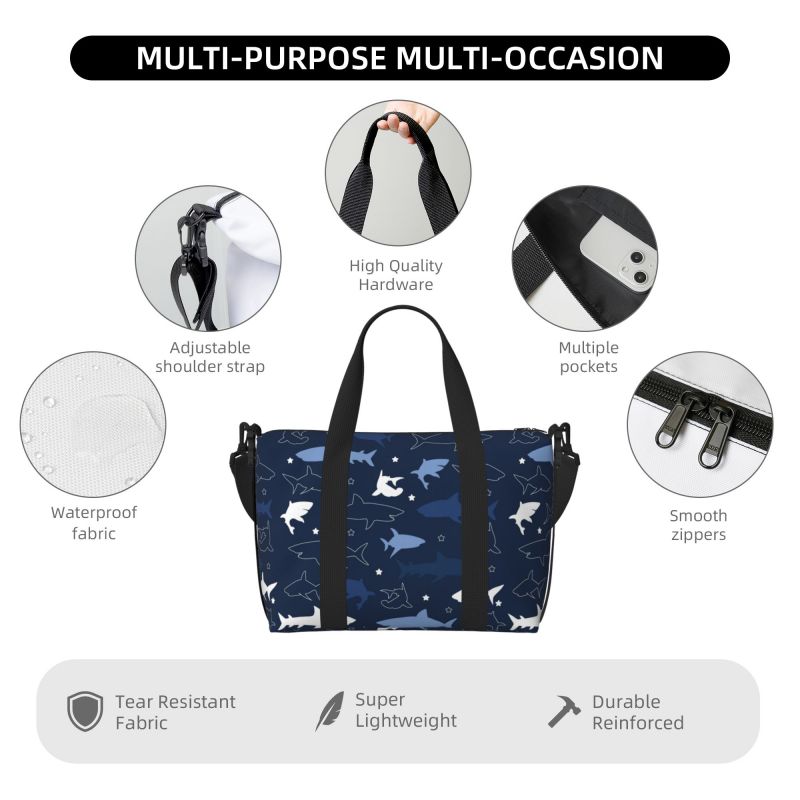 Cute Cartoon Sharks Pattern Travel Duffel Bag Unisex Multipurpose Workout Luggage Bags Lightweight Waterproof Portable Handbag