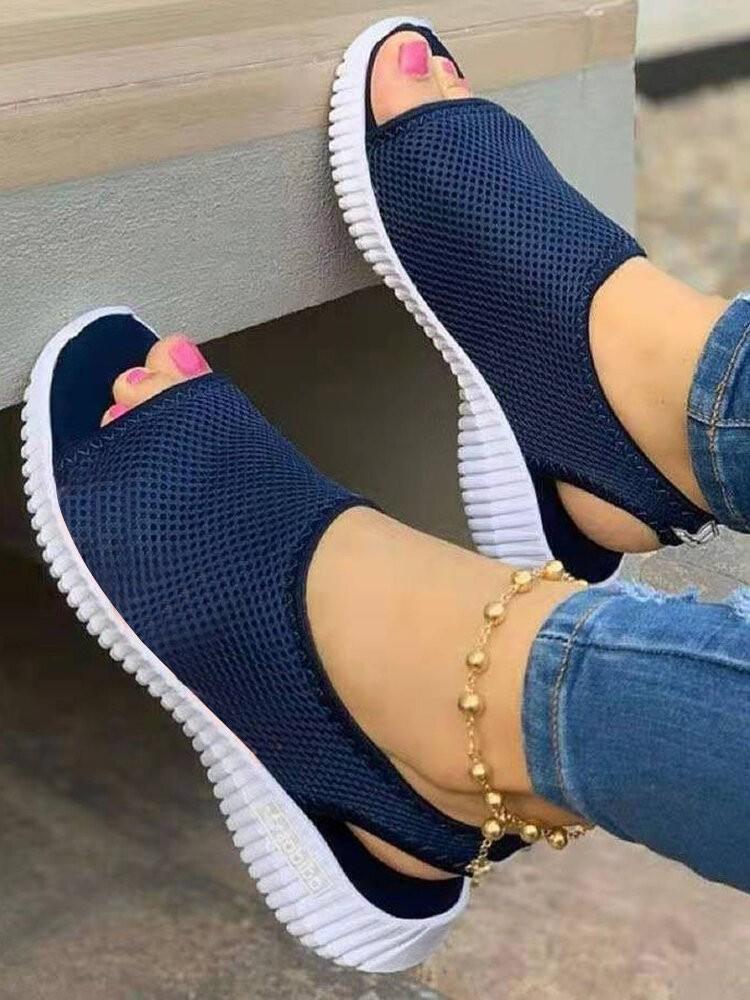 Summer Fly-woven Breathable Solid Color Women's Sandals Fish Mouth Flat Heel Beach Low-top Women's Sandals