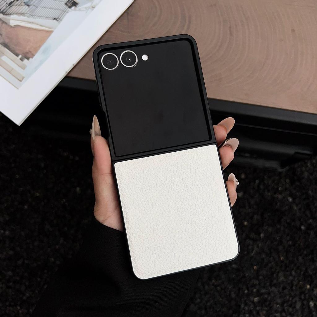 Minimalist Lychee Pattern Leather Feel Phone Case for Samsung Galaxy Flip 7 6 5 4 FE Solid Color Foldable Screen Protect Cover