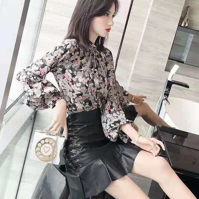 Lucerna rukávy Šifonová košile Jarní novinka Retro Fragmentovaná květinová společenská halenka Dámské tričko s dlouhým rukávem ve stoje