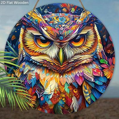 Panneaux décoratifs plats en bois 2D à suspendre, décoration murale ou de porte pour la maison, décoration de jardin, le motif est un hibou coloré, cadeau de pendaison de crémaillère pour des amis