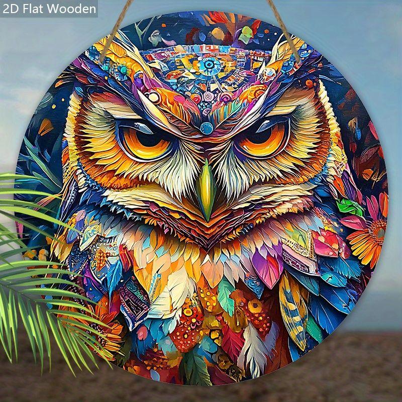 2D flat wooden hanging decorative signs, home wall or door decoration, garden decoration, the pattern is a colorful owl, housewarming gift for friends