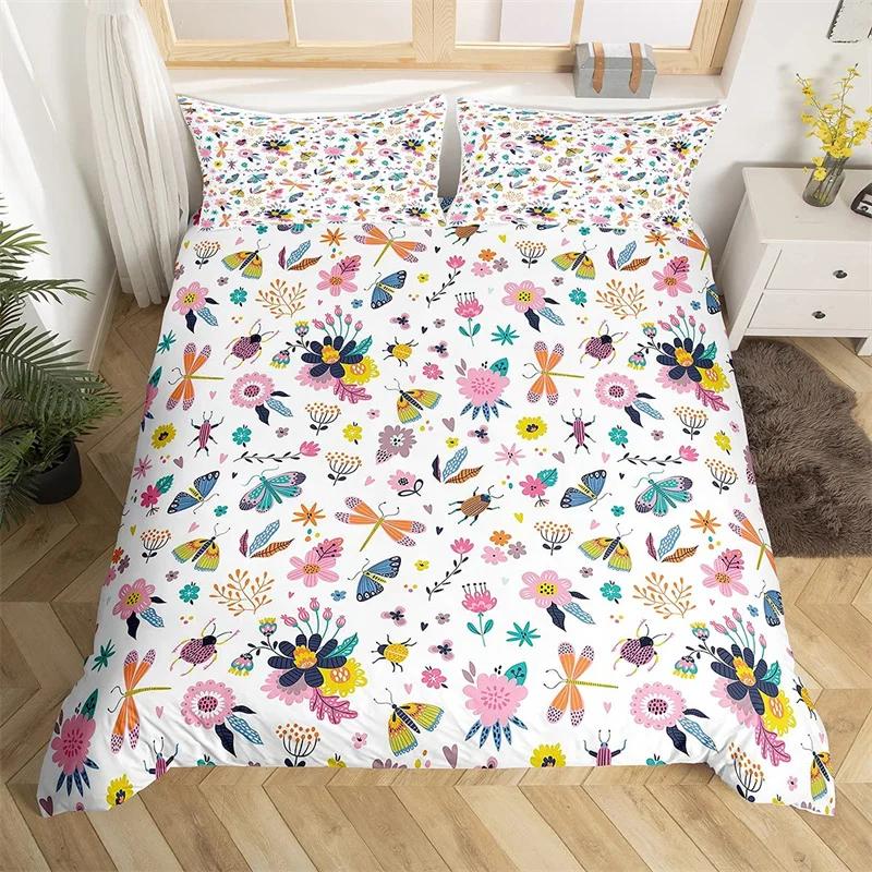 Dragonfly Duvet Cover King Butterfly Flower Leaves Bedding Set Microfiber Nature Animals Plants Quilt Cover For Teens Girls Room