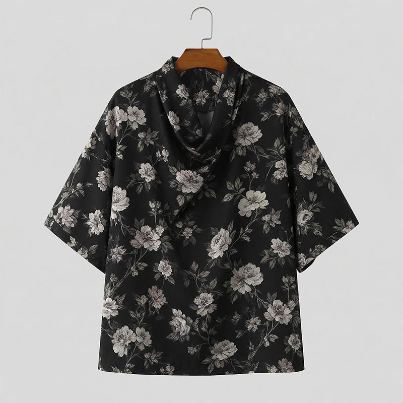 INCERUN Summer Men Cowl Neck Short Sleeve Floral Print Casual T-shirts Tops S чёрный