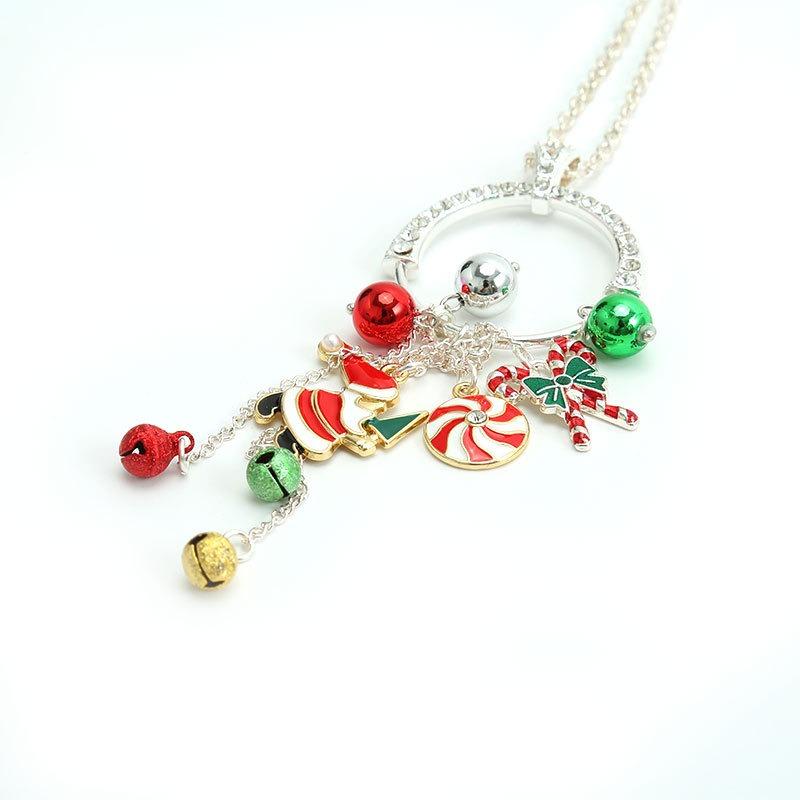 Christmas Necklace, Long Chain with Hanging Alloy Santa Hat, Gift Tie, Bell, C Holiday Necklace