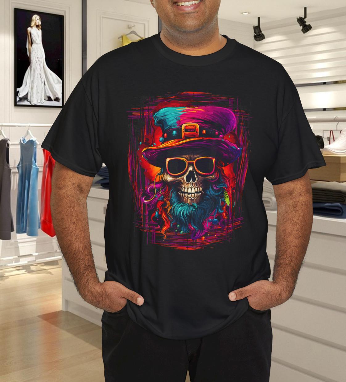 Skull with Beard and Sunglasses Funny Halloween T-Shirt Mens Womens Tees Top 2XL